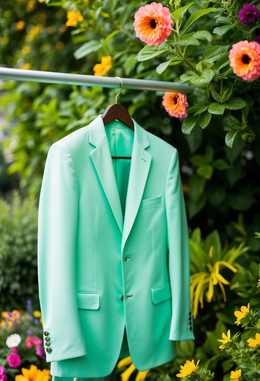 A mint green suit hanging on a wooden hanger, surrounded by vibrant summer flowers and greenery