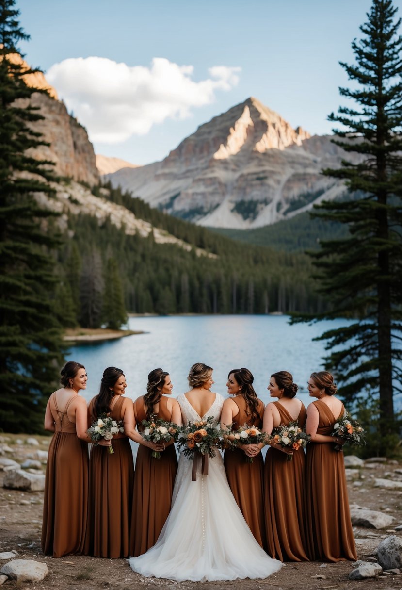 A rustic wedding scene with earthy-toned attire, nestled in a mountainous landscape with pine trees and a serene lake