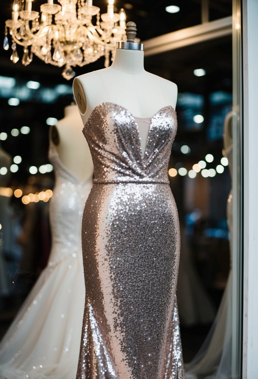 A sparkling, sequined gown on a mannequin in a dimly lit bridal boutique window