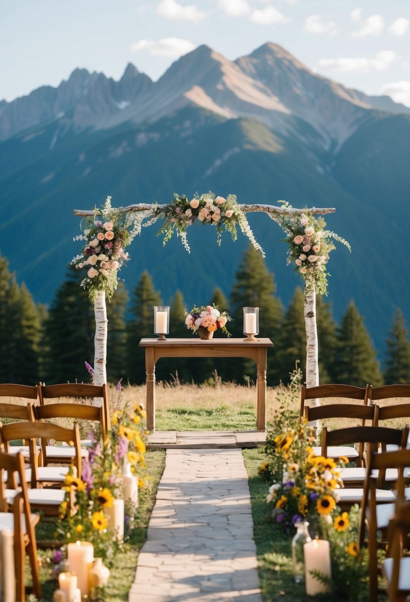 A serene mountain vista with a rustic altar and wildflower decor