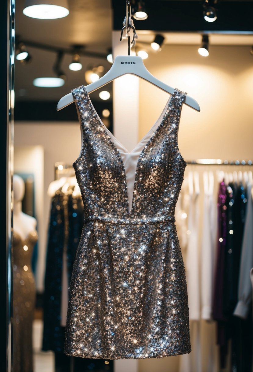 A sparkling sequin mini dress hangs on a mannequin in a dimly lit boutique. The dress shimmers under the spotlight, catching the eye of passersby