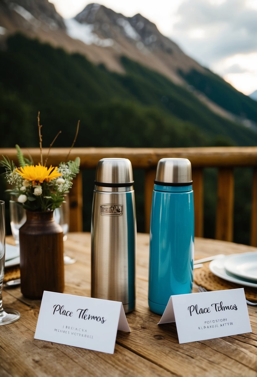 Vintage thermos used as place cards on rustic wooden table at a mountain wedding