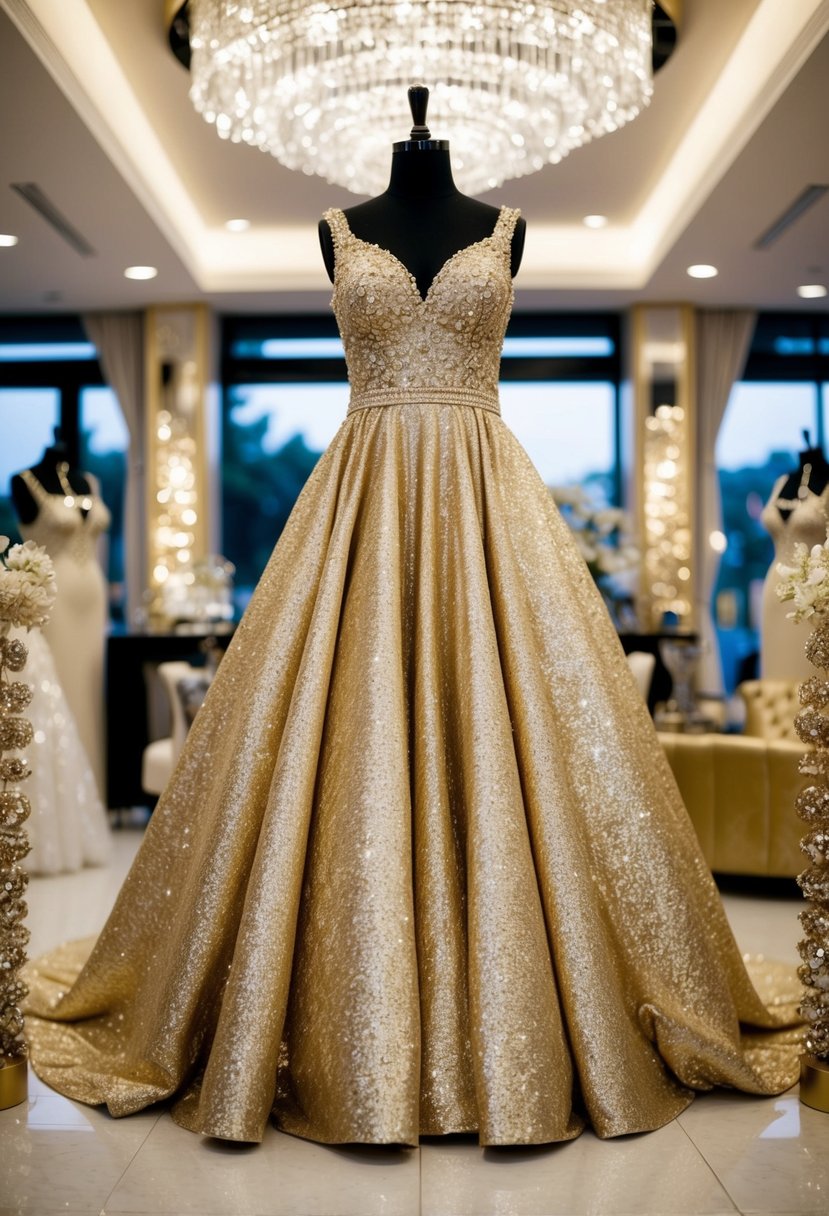 A sparkling gold gown hangs on a mannequin in a luxurious bridal boutique, surrounded by shimmering accessories and opulent décor