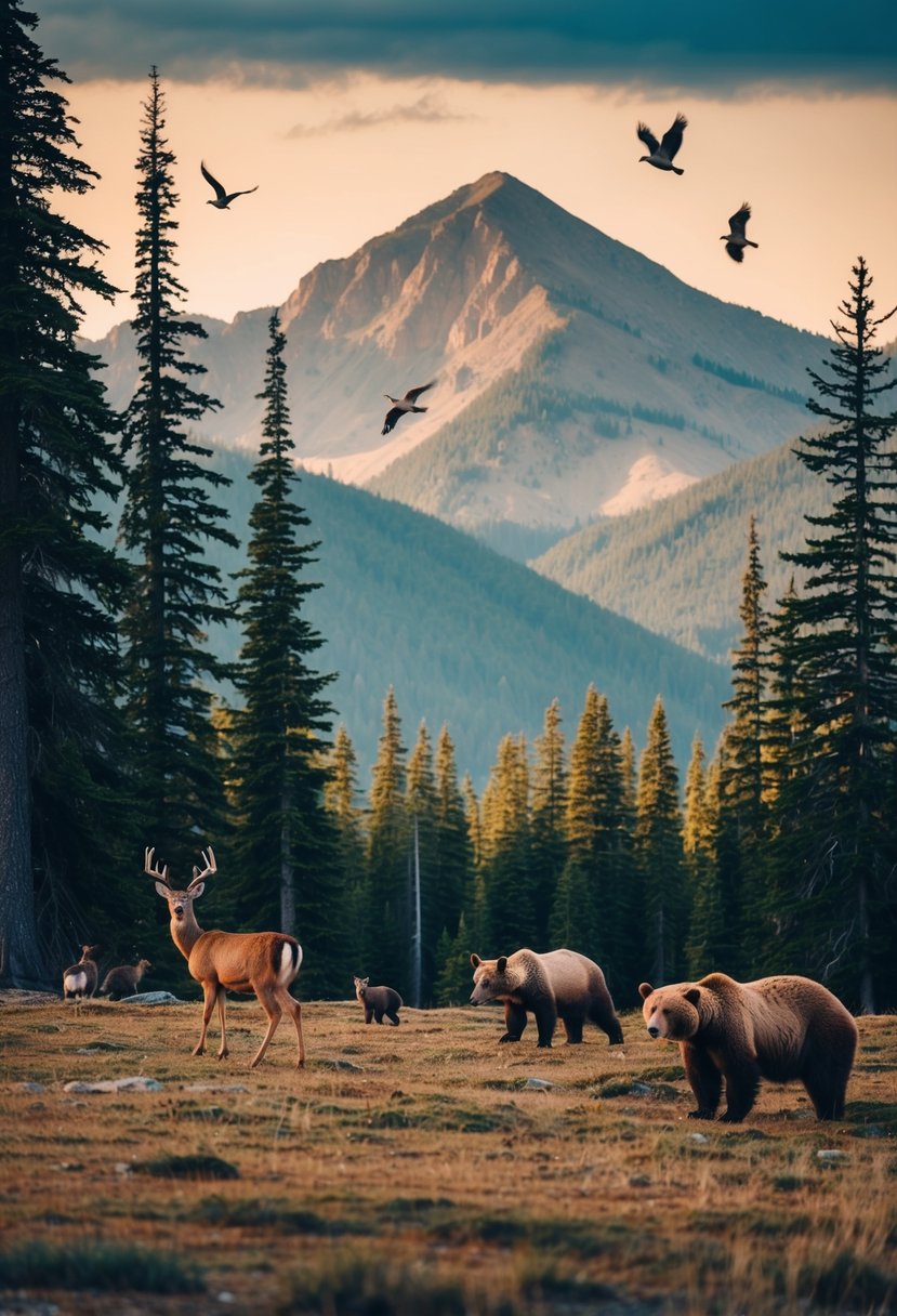 A serene mountain landscape with deer, bears, and birds among towering pine trees