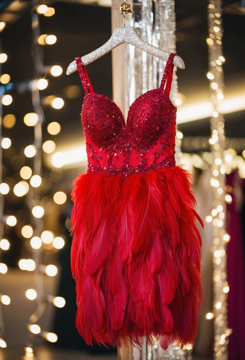 A vibrant red feathered dress hangs on a glittering hanger, surrounded by sparkling lights and luxurious fabrics