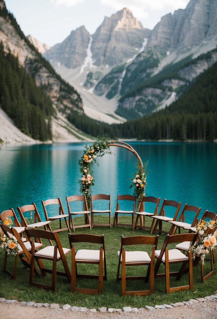 A circle of flower-adorned chairs arranged by a serene alpine lake, with a rustic wooden arch and mountain peaks in the background