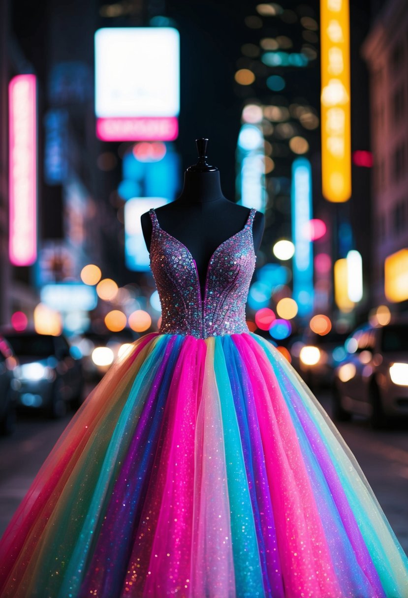 A sparkling tulle ball gown in vibrant colors, set against a backdrop of neon lights and glittering cityscape