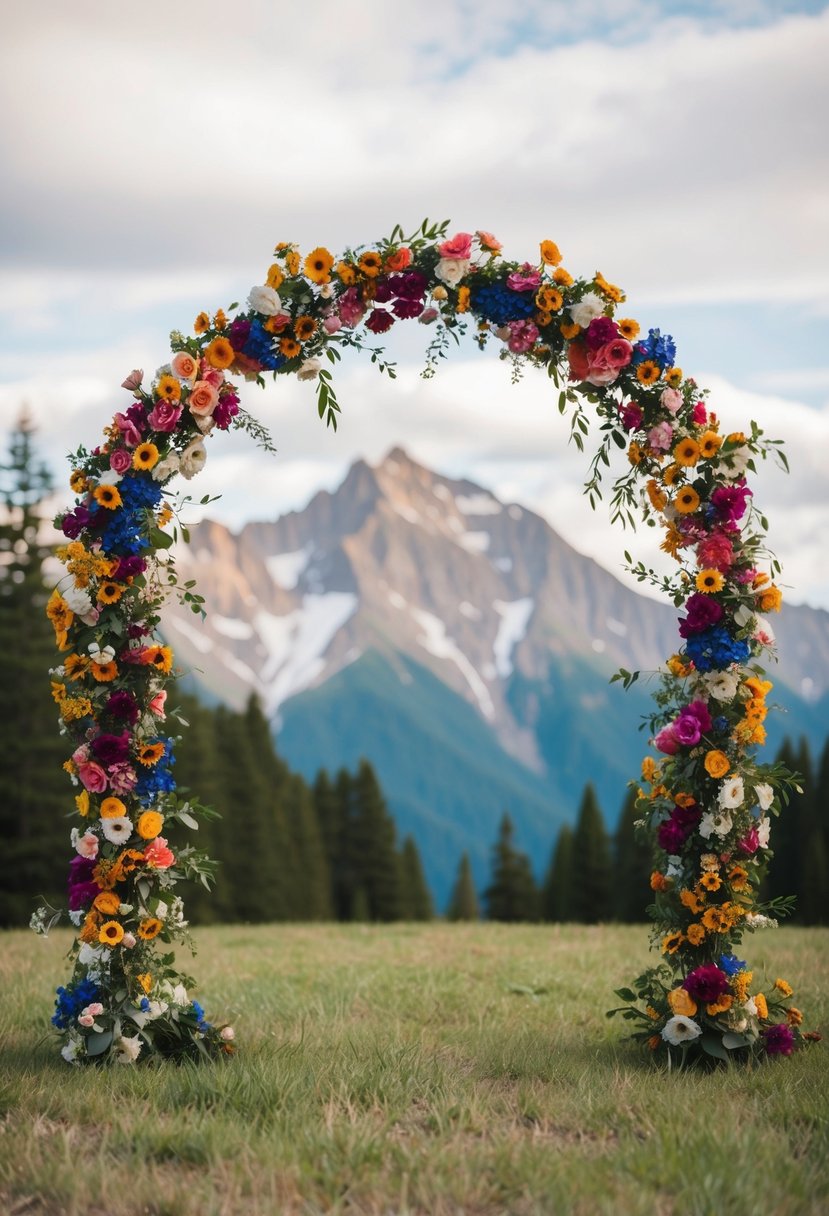 A colorful flower arch frames a mountain backdrop for a whimsical wedding setting