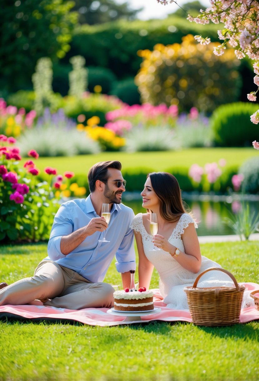 A couple enjoying a picnic in a picturesque garden, surrounded by blooming flowers and a serene pond, with a small anniversary cake and champagne