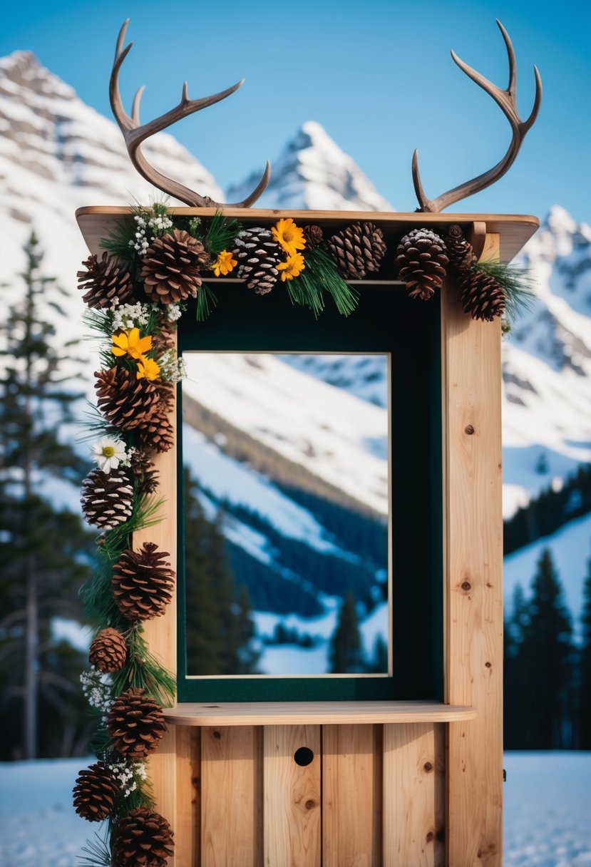 A wooden photo booth adorned with pine cones, wildflowers, and antlers, set against a backdrop of snow-capped mountains