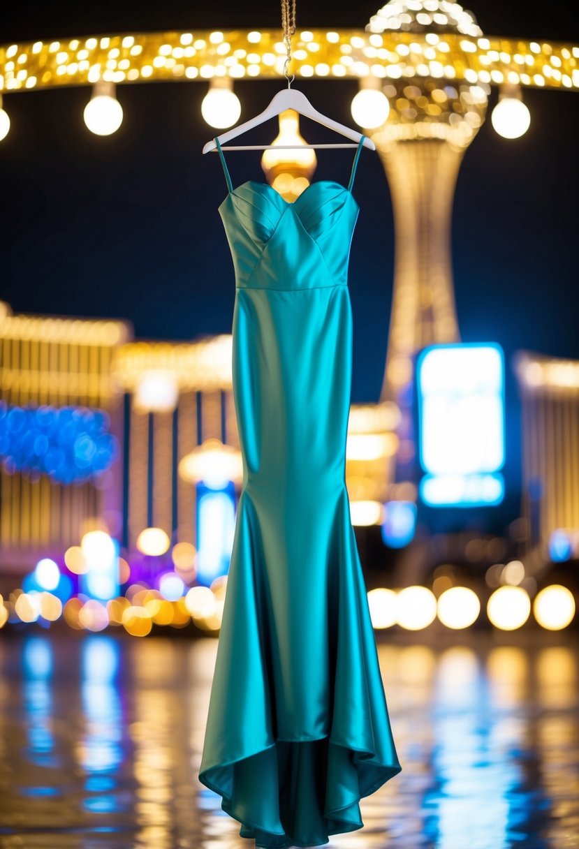 A flowing satin mermaid dress on a hanger, surrounded by sparkling lights and the glitz of Las Vegas