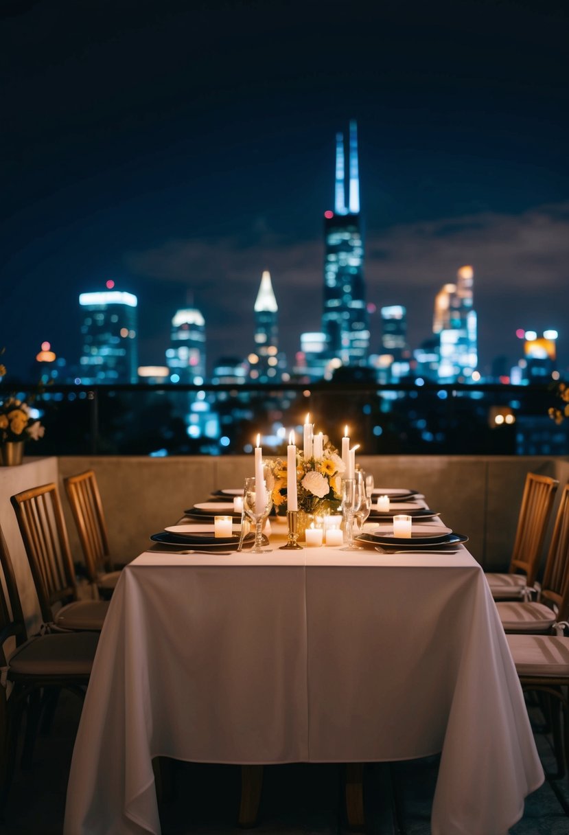 A table set with candles and flowers on a rooftop at night, overlooking a city skyline