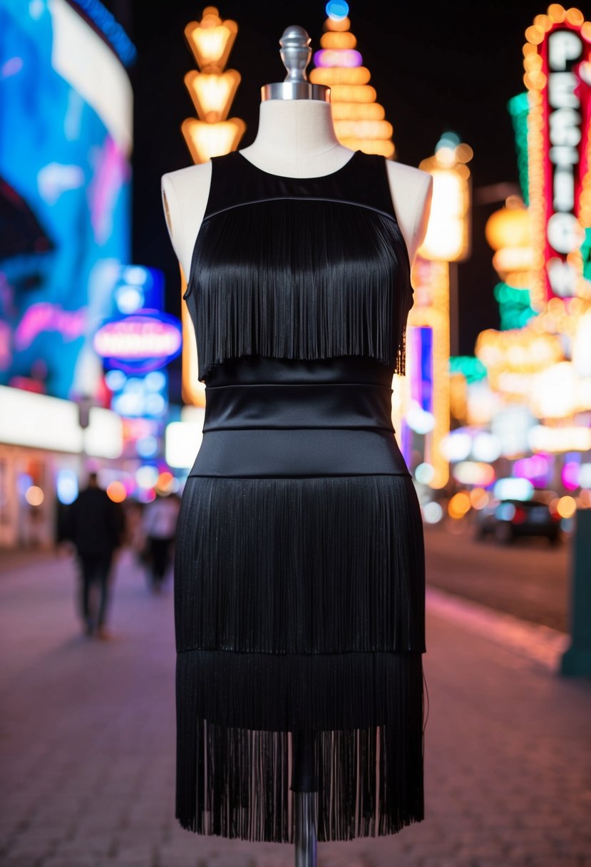 A sleek, black cocktail dress with playful fringe detail, set against a backdrop of neon lights and a bustling Vegas street