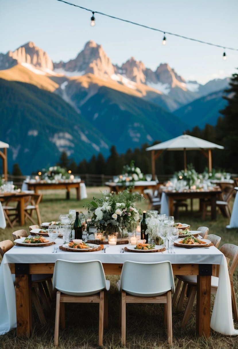 A rustic outdoor wedding reception with a spread of local food and drinks, set against a backdrop of majestic mountain views