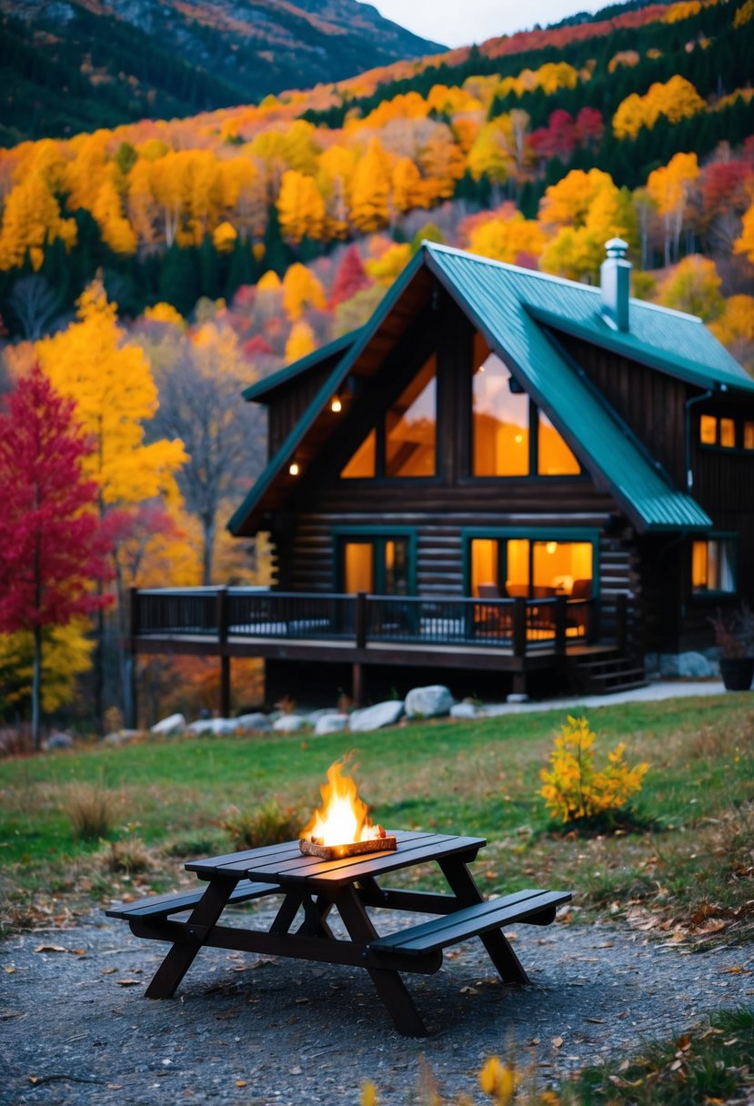 A cozy cabin nestled in the mountains, surrounded by colorful autumn foliage. A crackling fire and a picnic table set for two outside