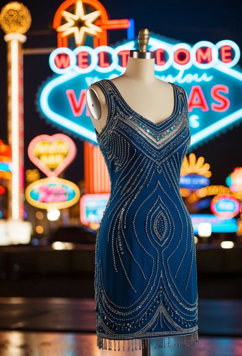 A beaded shift dress with a retro-inspired design, featuring intricate patterns and shimmering details, set against a backdrop of vintage Vegas neon lights