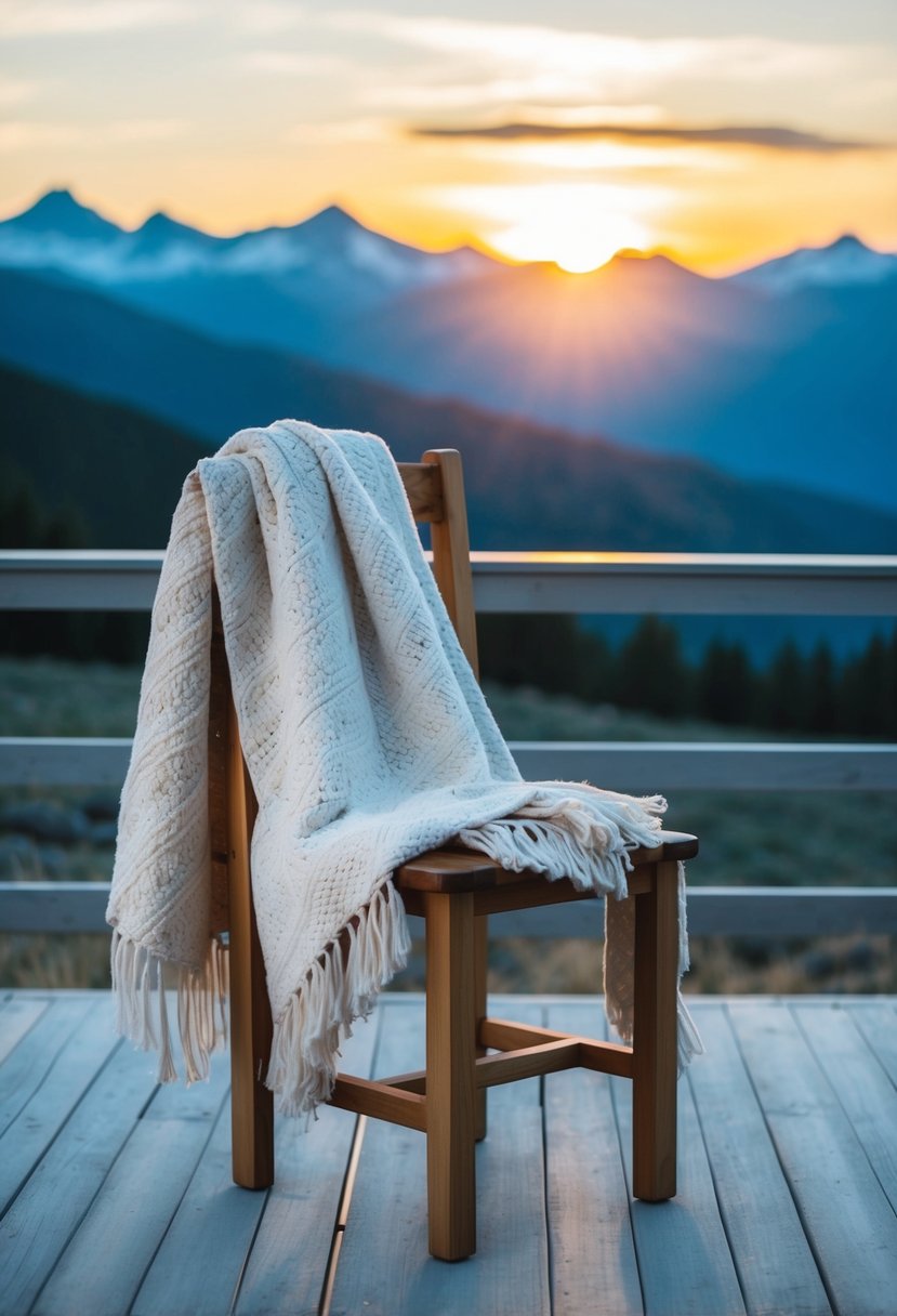 A cozy blanket draped over a wooden chair, set against a backdrop of a serene mountain landscape with a setting sun