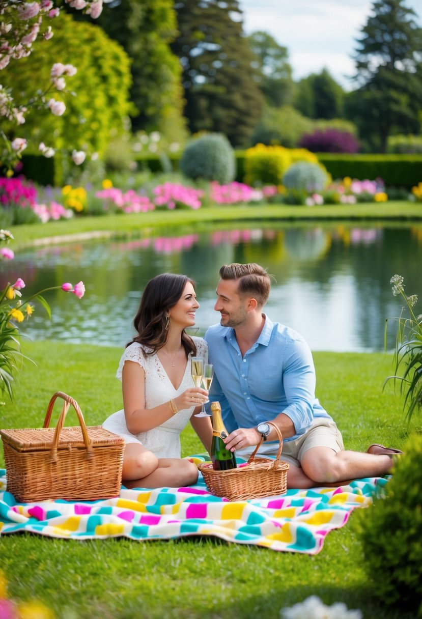 A couple picnicking in a lush garden, surrounded by blooming flowers and a serene lake. A colorful blanket spread out with a picnic basket and champagne