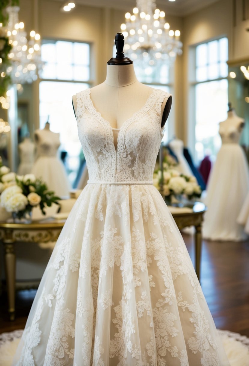 A lace tea-length dress displayed on a mannequin in a luxurious bridal boutique