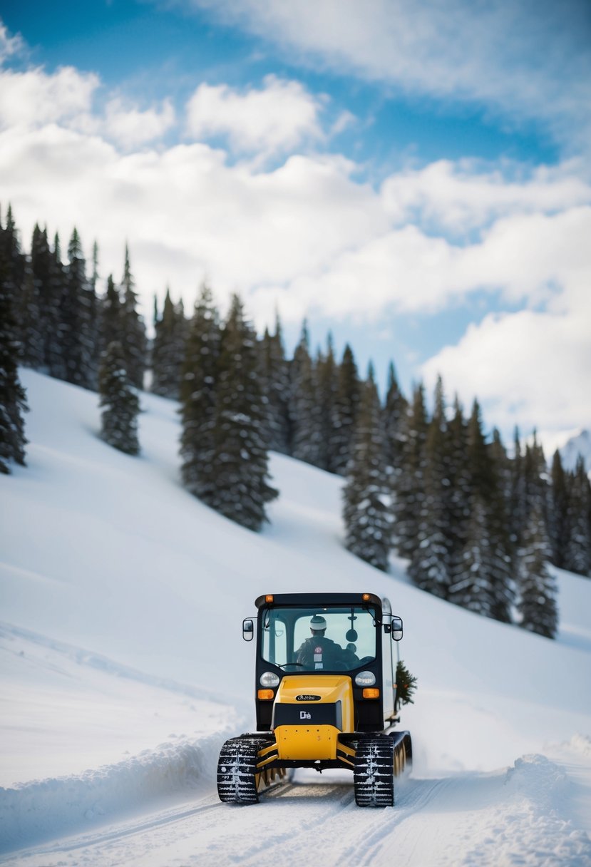 A snowcat pulls a decorated sleigh up a snowy mountain slope for a wedding ceremony