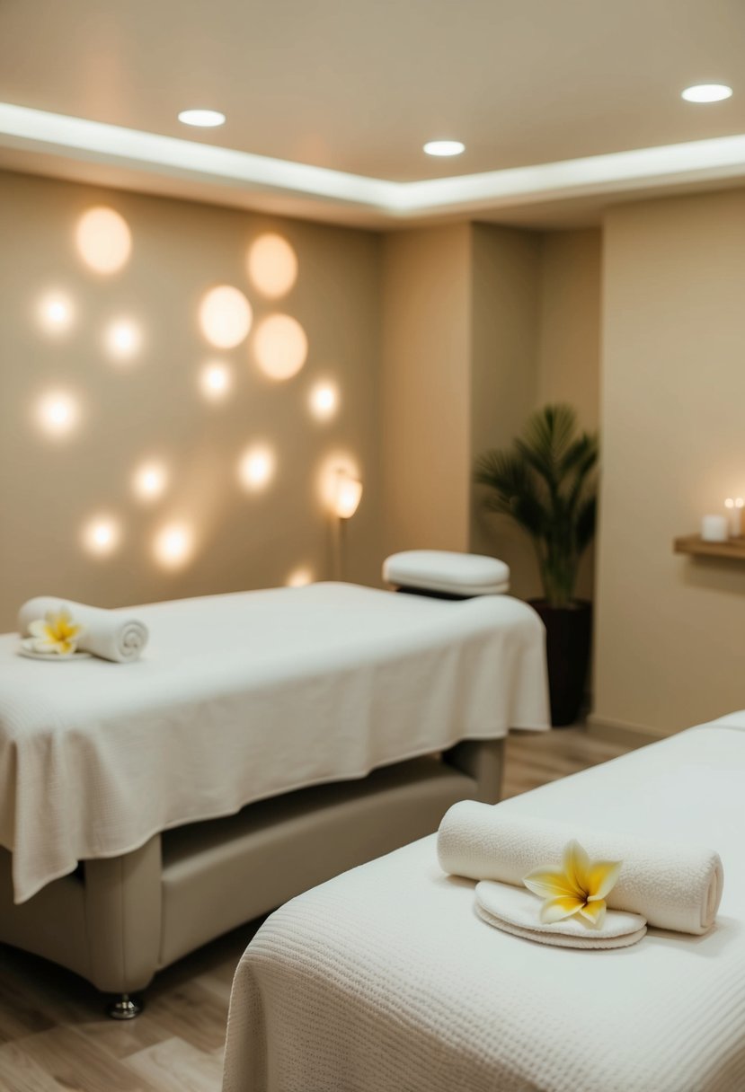 A serene spa room with two massage tables, soft lighting, and a tranquil atmosphere