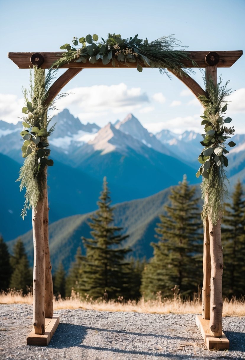 A rustic wooden arch adorned with faux foliage stands against a backdrop of majestic mountains, creating a picturesque setting for a mountain wedding