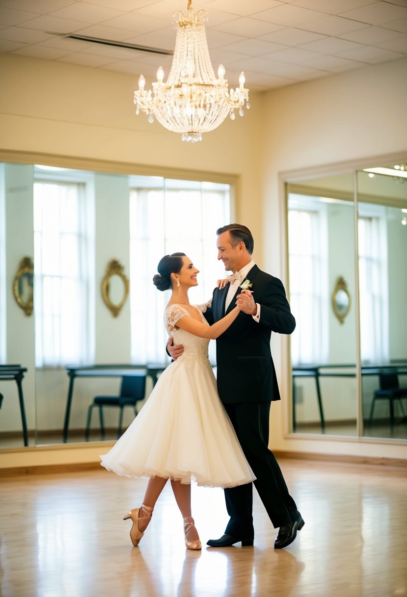 A couple gracefully waltzing in a spacious, sunlit dance studio, surrounded by mirrors and elegant decor