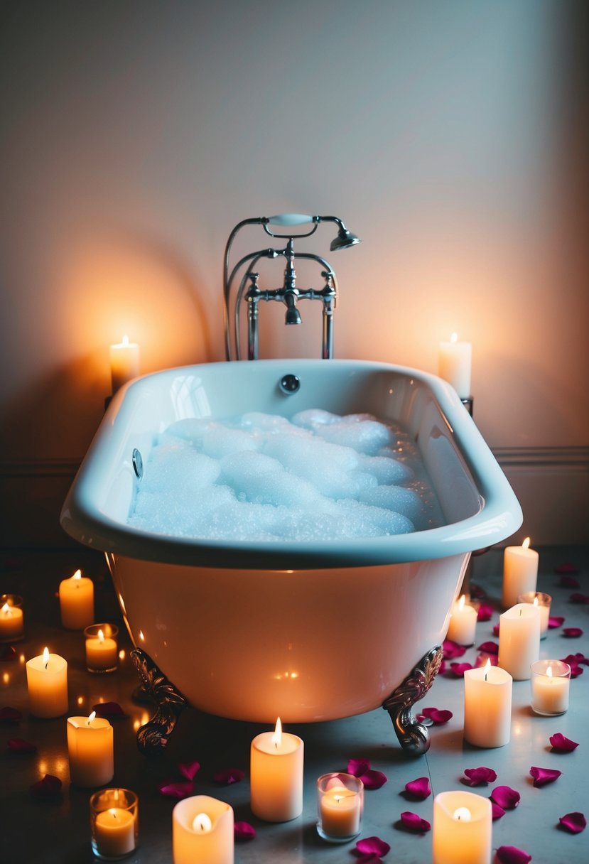 A bathtub filled with bubbles, surrounded by lit candles, rose petals scattered on the floor