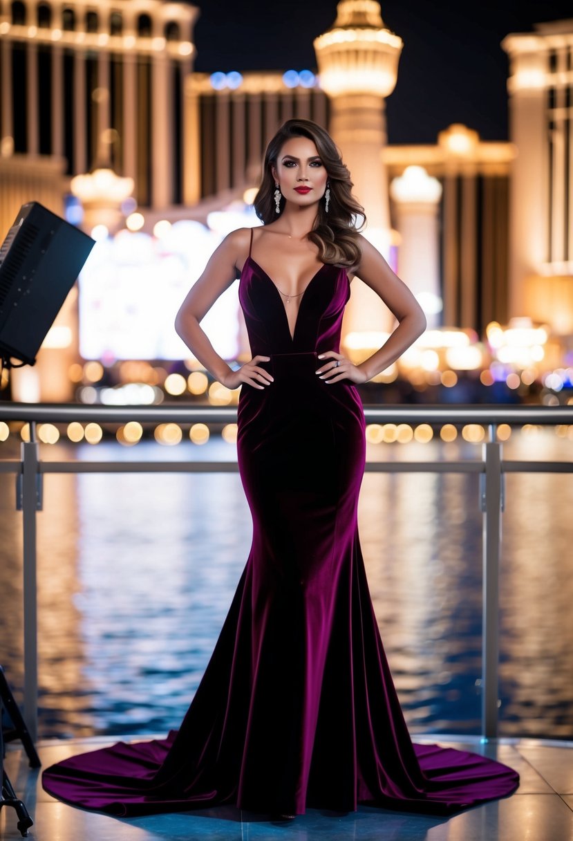 A woman in a dramatic velvet evening dress stands in the spotlight at a Vegas wedding, with the city lights twinkling in the background