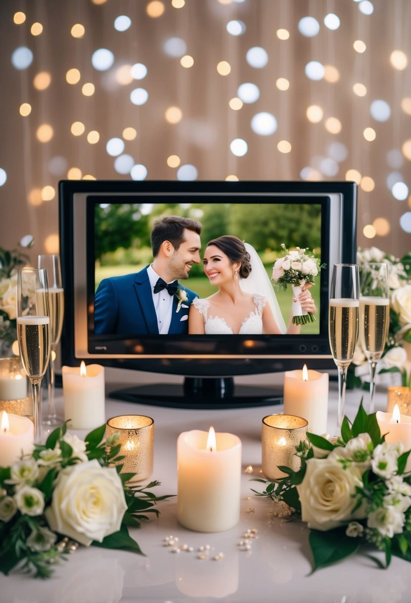 A couple's wedding video playing on a TV screen, surrounded by romantic anniversary decorations like candles, flowers, and champagne glasses