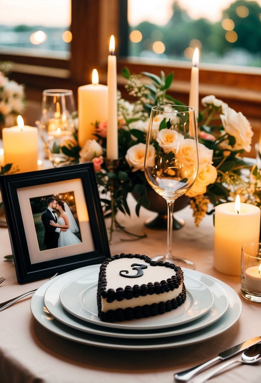 A table set with a romantic dinner for two, surrounded by candles and flowers. A framed wedding photo and a "3" shaped cake to celebrate the anniversary