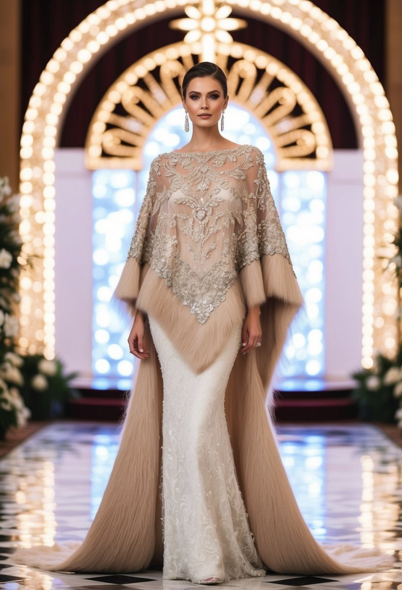 A flowing, floor-length poncho dress made of luxurious mohair, adorned with intricate lace and shimmering sequins, set against the backdrop of a dazzling Vegas wedding chapel