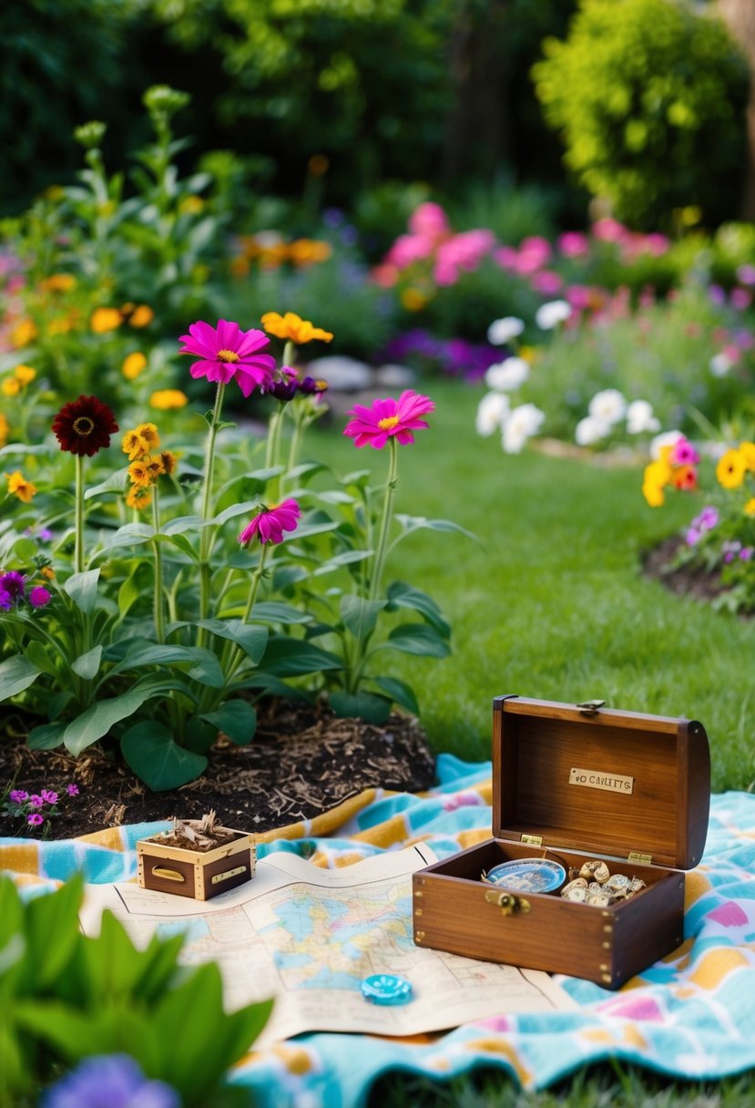 A backyard garden with hidden clues among flowers, a picnic blanket with a treasure map, and a small wooden box filled with trinkets