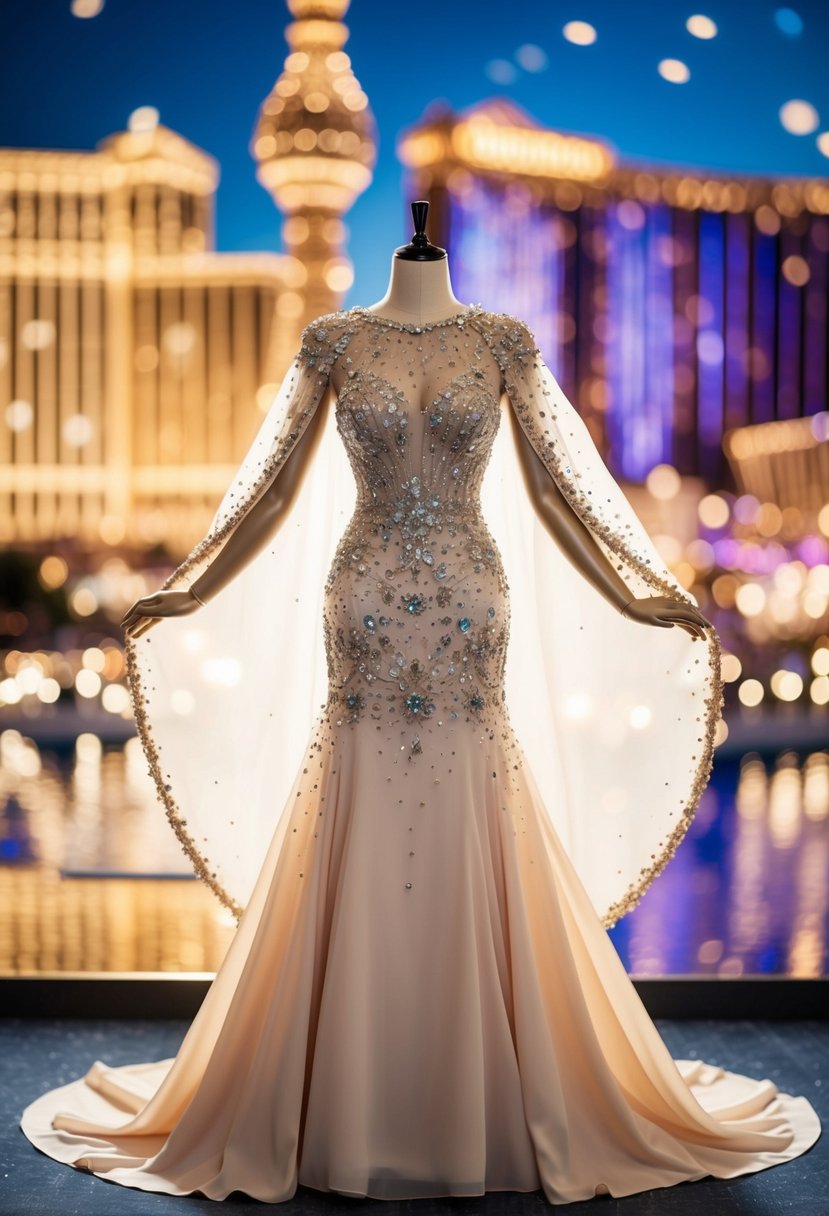 A flowing cape dress adorned with intricate embellishments, set against a sparkling Vegas backdrop