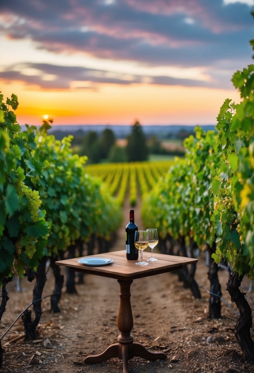 A rustic vineyard setting with a wooden tasting table, surrounded by lush grapevines and a picturesque sunset in the background