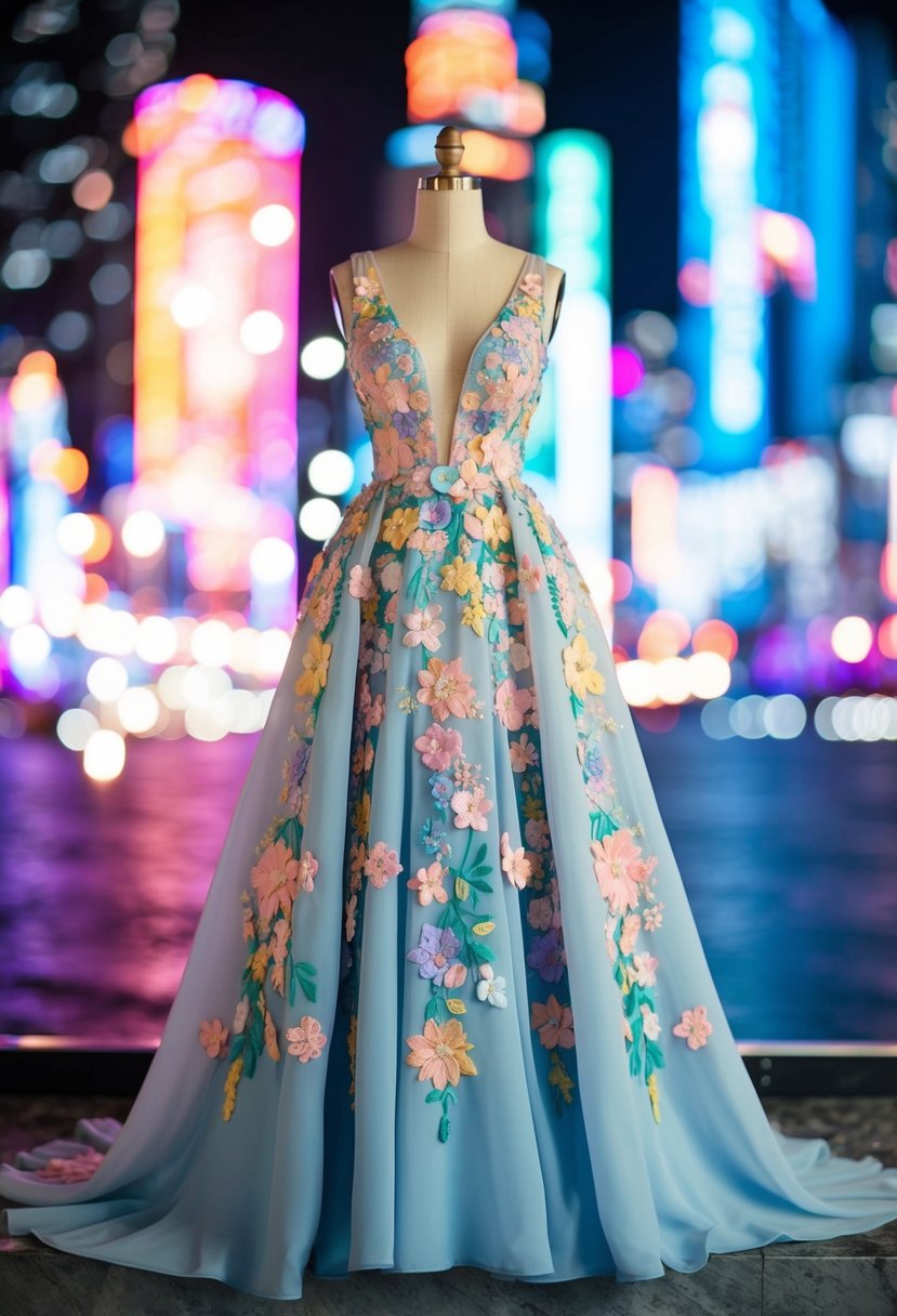 A flowing, whimsical floral appliqué dress set against a backdrop of neon lights and glittering cityscape