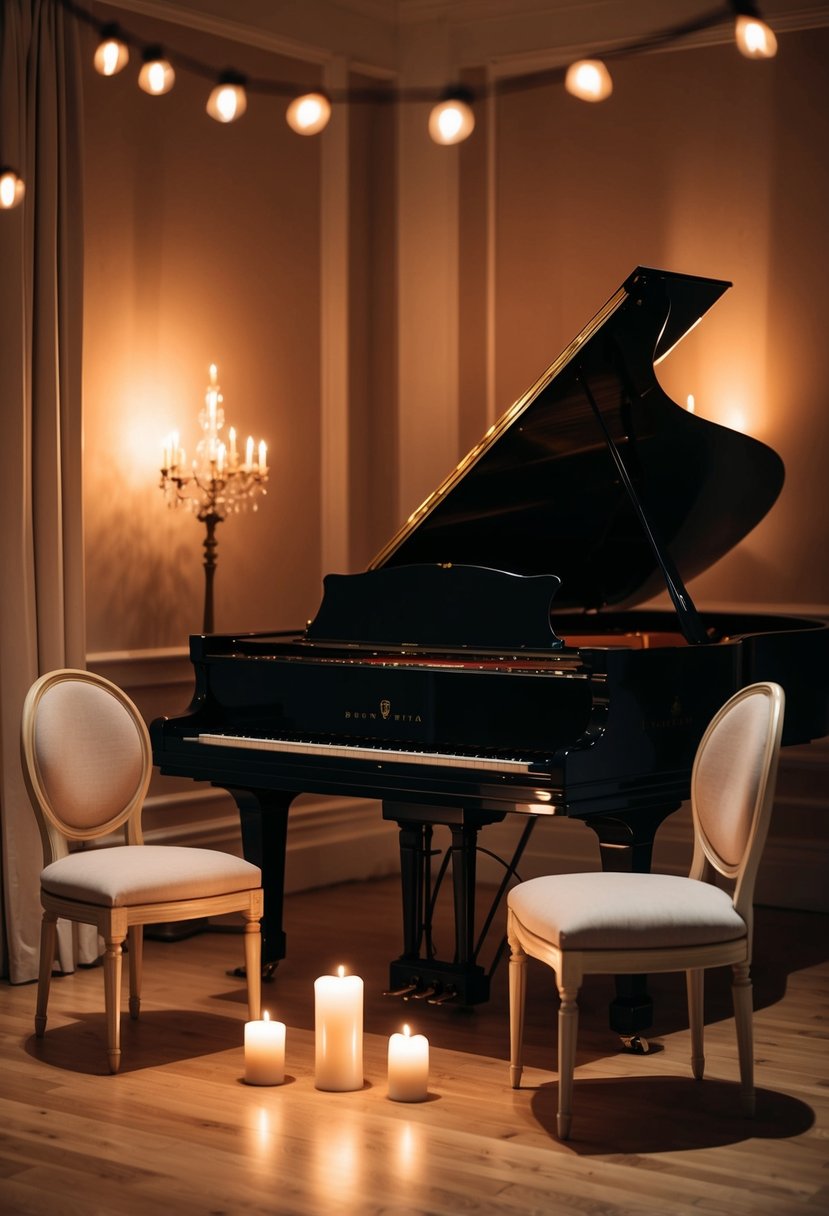 A cozy, candlelit room with a grand piano and two elegant chairs set up for a private concert. Soft, romantic lighting creates a warm and intimate atmosphere for a special anniversary celebration