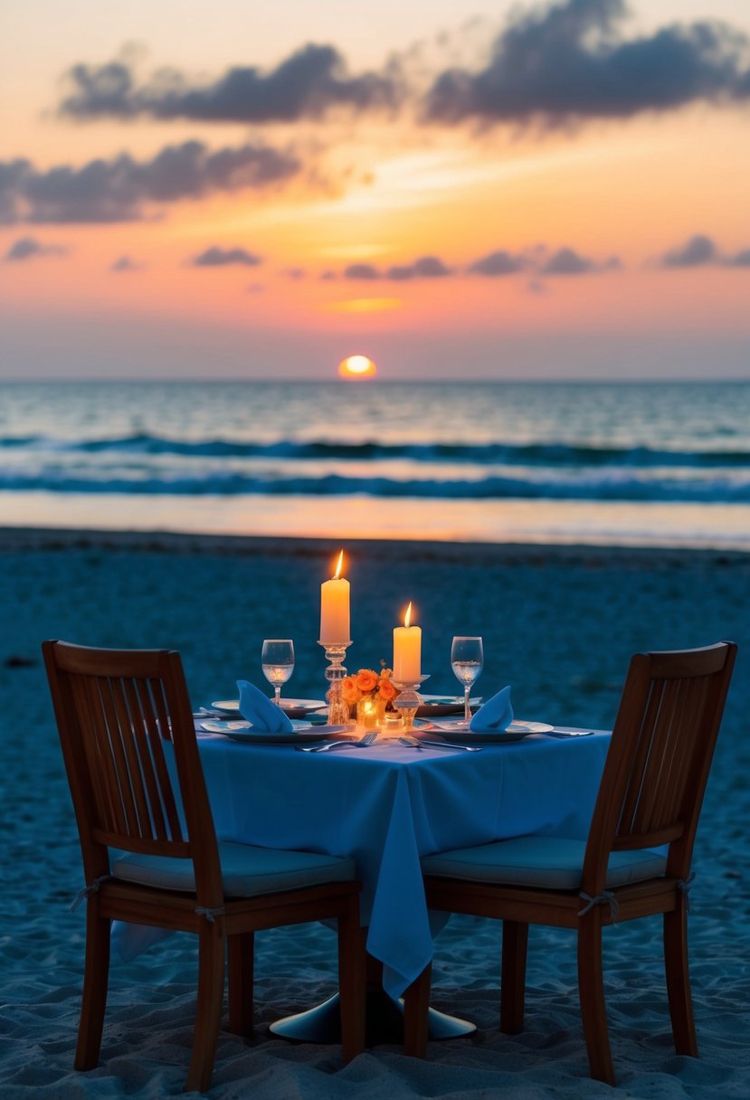 A candlelit dinner on a secluded beach at sunset, with a table set for two and a beautiful view of the ocean