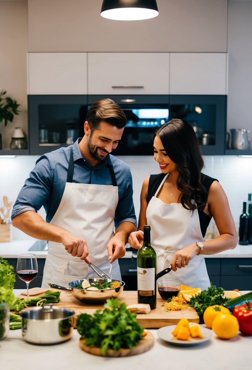 A couple prepares a gourmet meal together in a well-lit, modern kitchen, surrounded by fresh ingredients, cookware, and a bottle of wine