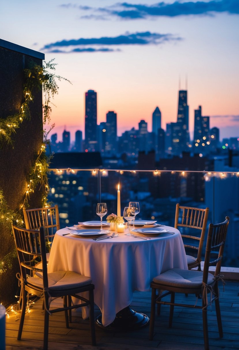 A candlelit rooftop dinner with a table for two, surrounded by fairy lights and overlooking a city skyline at sunset