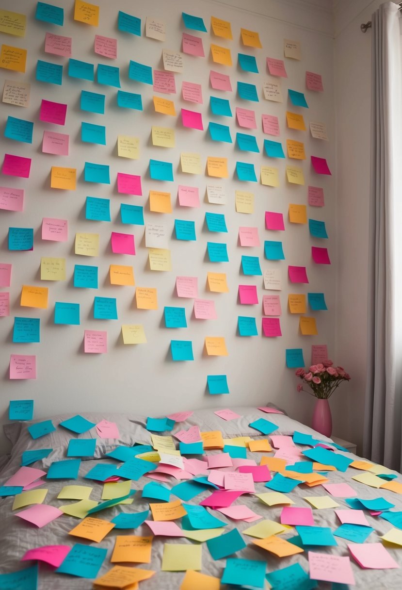 The room is adorned with love notes of various sizes and colors, scattered across the walls, on the bed, and on the floor