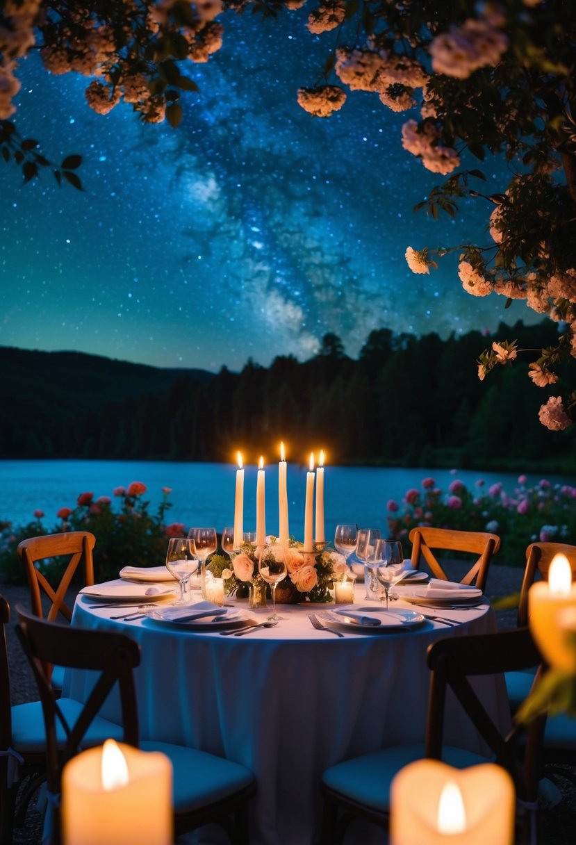 A candlelit dinner under a starry sky, surrounded by blooming flowers and a serene lake