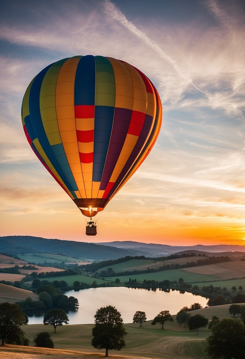 A colorful hot air balloon floats over a picturesque landscape at sunset, with rolling hills, a serene lake, and a scattering of trees