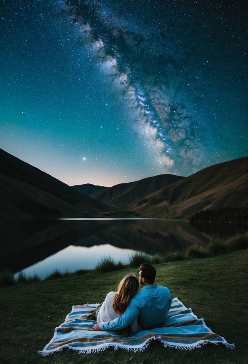 A couple lies on a blanket under a starry sky, surrounded by rolling hills and a serene lake. Twinkling stars illuminate the night, creating a romantic atmosphere