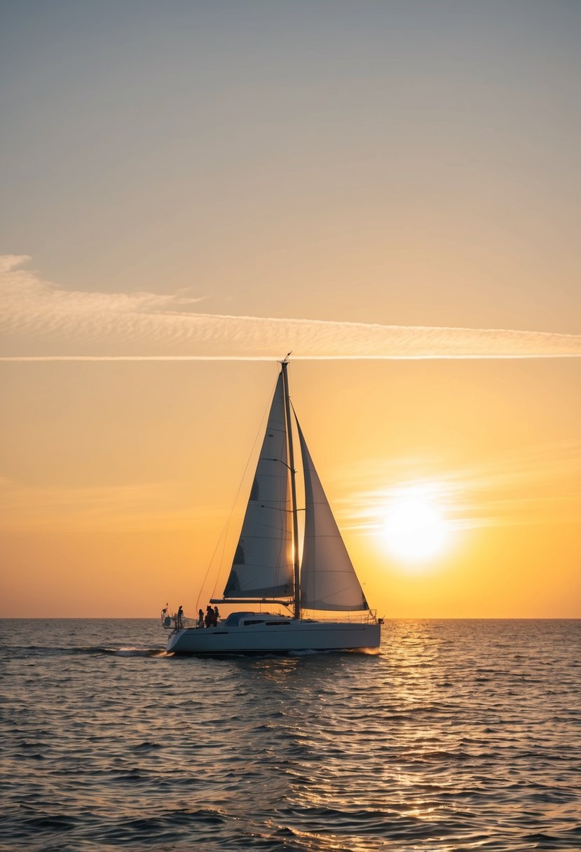 A sailboat glides across the horizon as the sun sets, casting a warm, golden glow over the tranquil waters