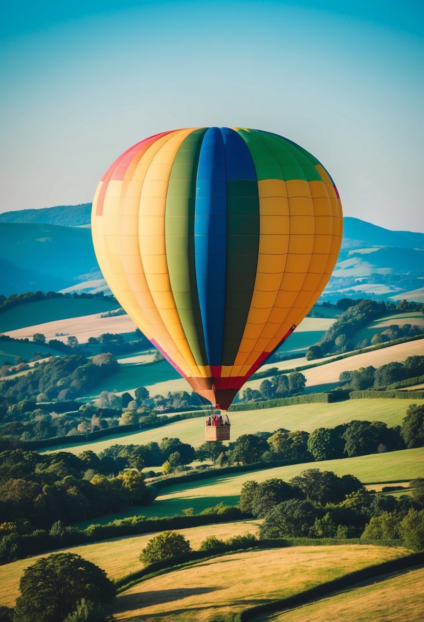 A colorful hot air balloon floats above a picturesque landscape, with rolling hills, lush greenery, and a clear blue sky