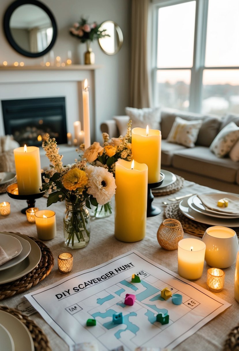 A table set with candles, flowers, and a map with clues scattered around a cozy living room for a DIY scavenger hunt