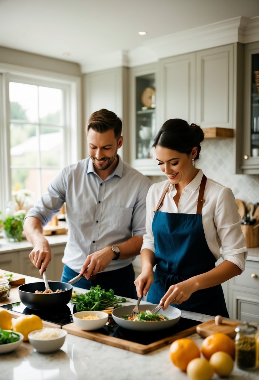 A couple cooks together in a cozy kitchen, surrounded by fresh ingredients and elegant cookware, creating a gourmet meal for their romantic wedding anniversary