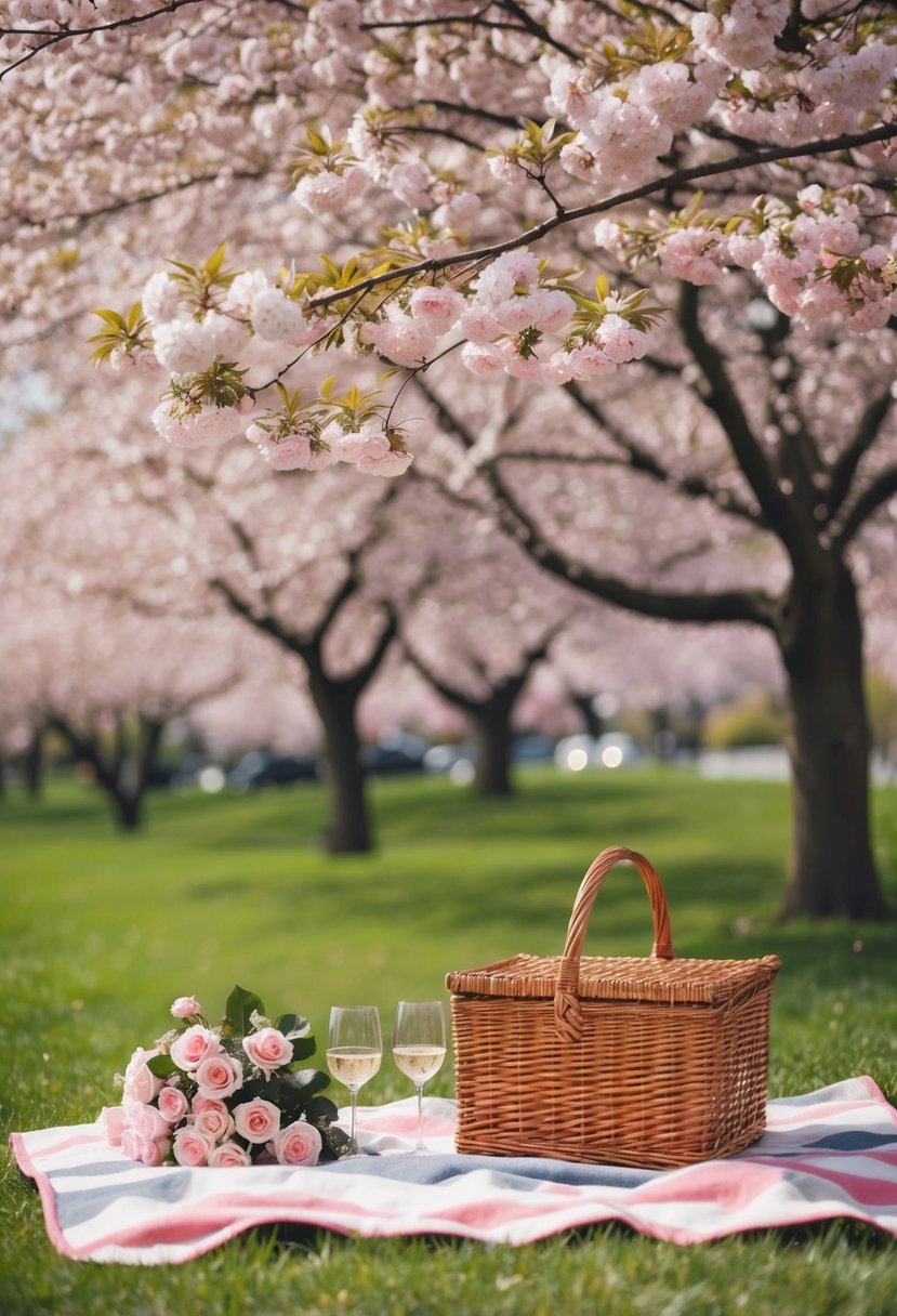 A picnic blanket spread under a blooming cherry blossom tree, with a wicker basket, wine glasses, and a bouquet of roses