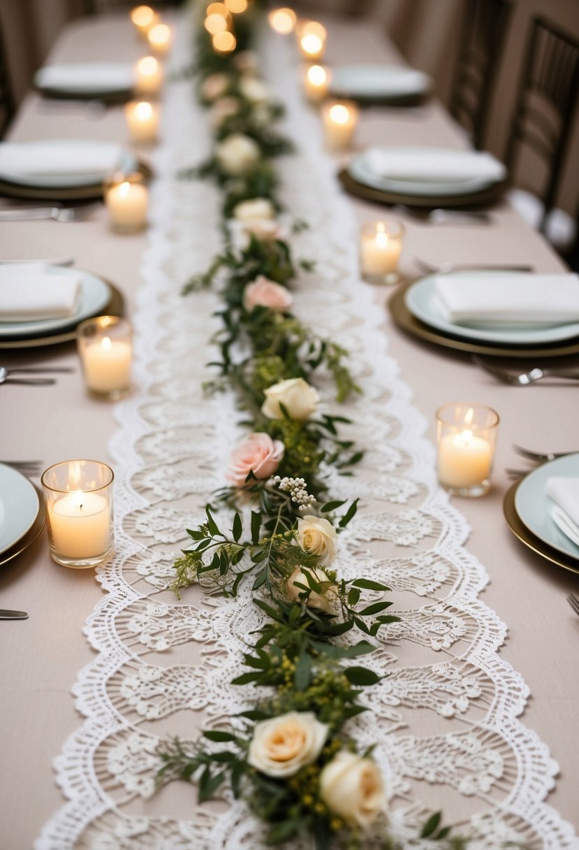 A long, white lace table runner adorned with delicate floral patterns and trailing greenery, set against a backdrop of elegant place settings and flickering candlelight